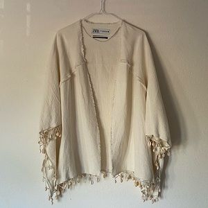 Zara Italian Fabric Cream White Shawl with Real Seashells Accents, Xs-S